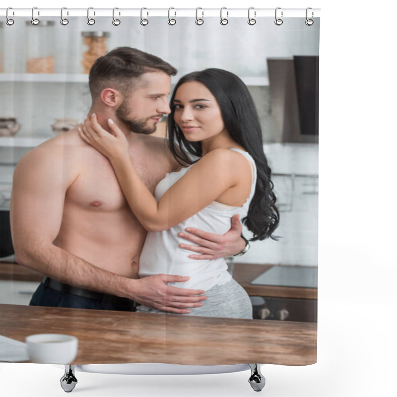 Personality  Attractive Brunette Woman Hugging Muscular And Handsome Boyfriend In Kitchen  Shower Curtains