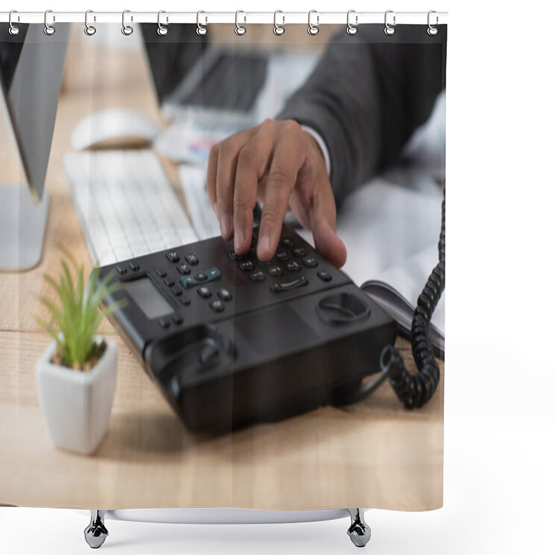 Personality  Partial View Of Businessman Dialing On Landline Phone, Blurred Foreground Shower Curtains