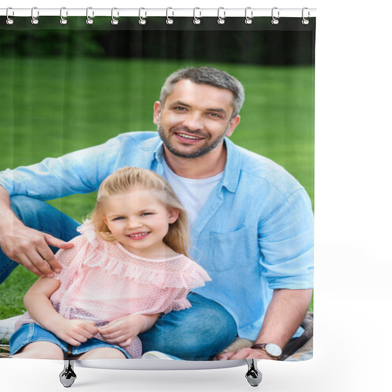 Personality  Happy Father With Cute Little Daughter Smiling At Camera In Park Shower Curtains