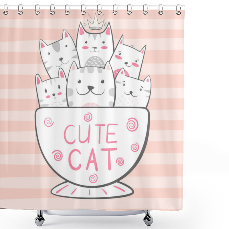 Personality  Cat, Kitty Characters. Coffee And Tea Illustration. Shower Curtains