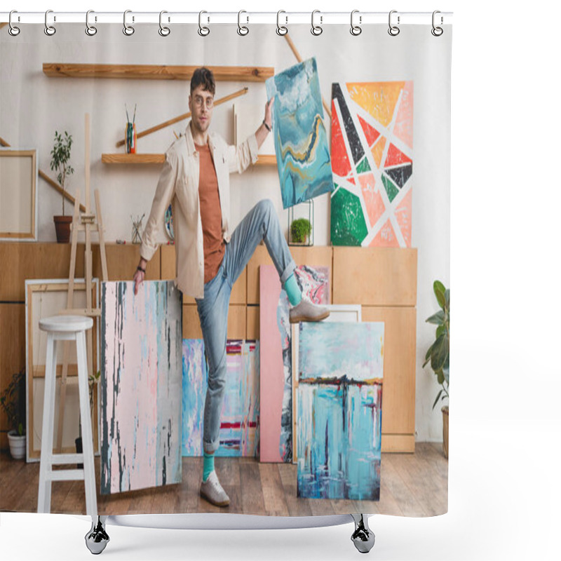 Personality  Handsome Artist In Pink Shirt And Blue Jeans Standing In Painting Studio With Multicolored Abstract Paintings Shower Curtains