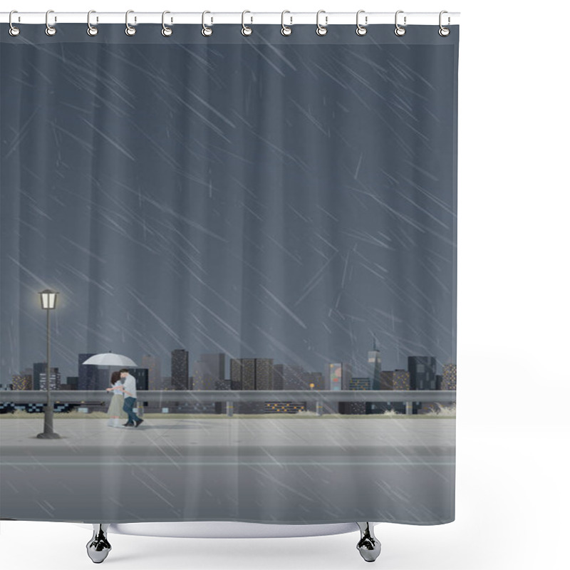 Personality  Cityscape In Rainy Day View From Sidewalk With Couple Of Lover Kissing Under Umbrella Have Skyscraper And Cloudy Sky Vertical Background Graphic Illustration. Shower Curtains