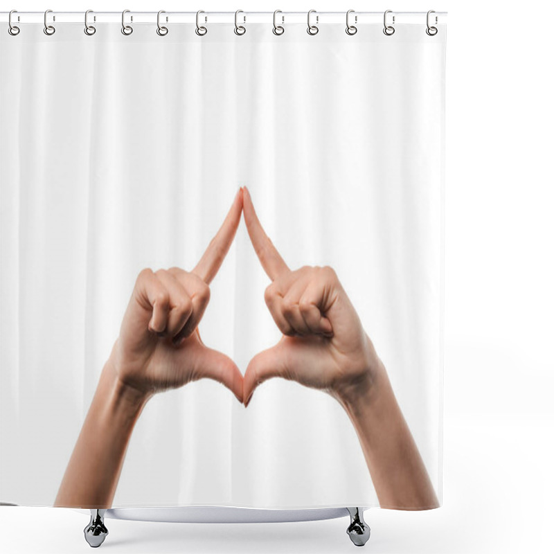 Personality  Cropped View Of Woman Connecting Fingers Isolated On White  Shower Curtains