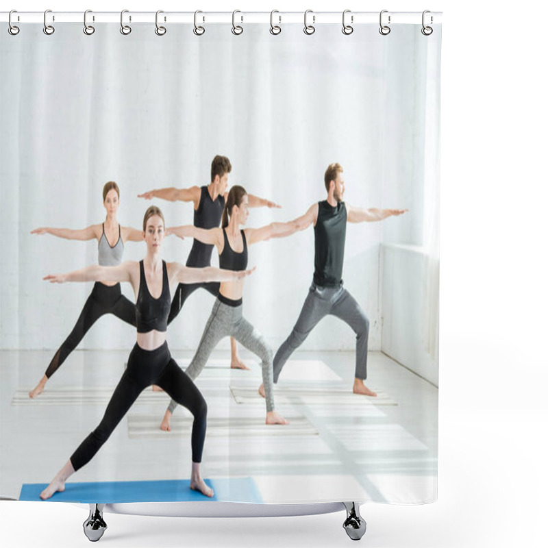 Personality  Five Young Men And Women Practicing Yoga In Warrior II Pose  Shower Curtains