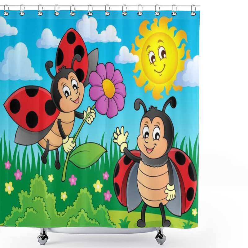 Personality  Happy Ladybugs On Meadow Image 1 Shower Curtains