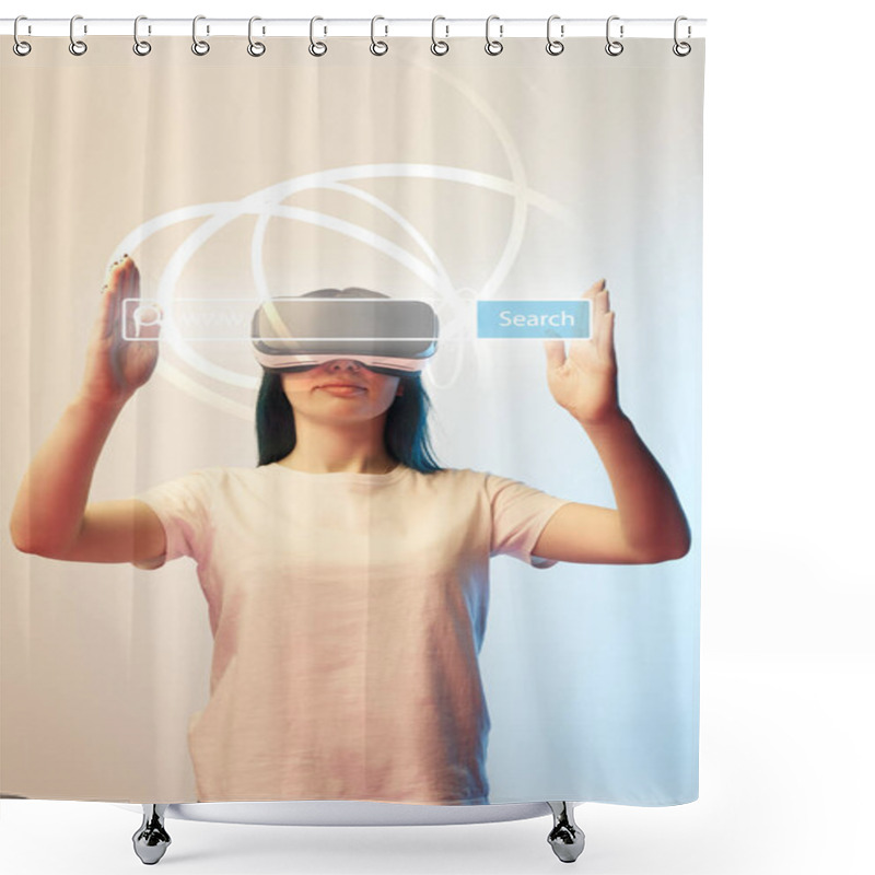 Personality  Young Woman In Vr Headset Holding Search Bar Illustration On Beige And Blue Background Shower Curtains