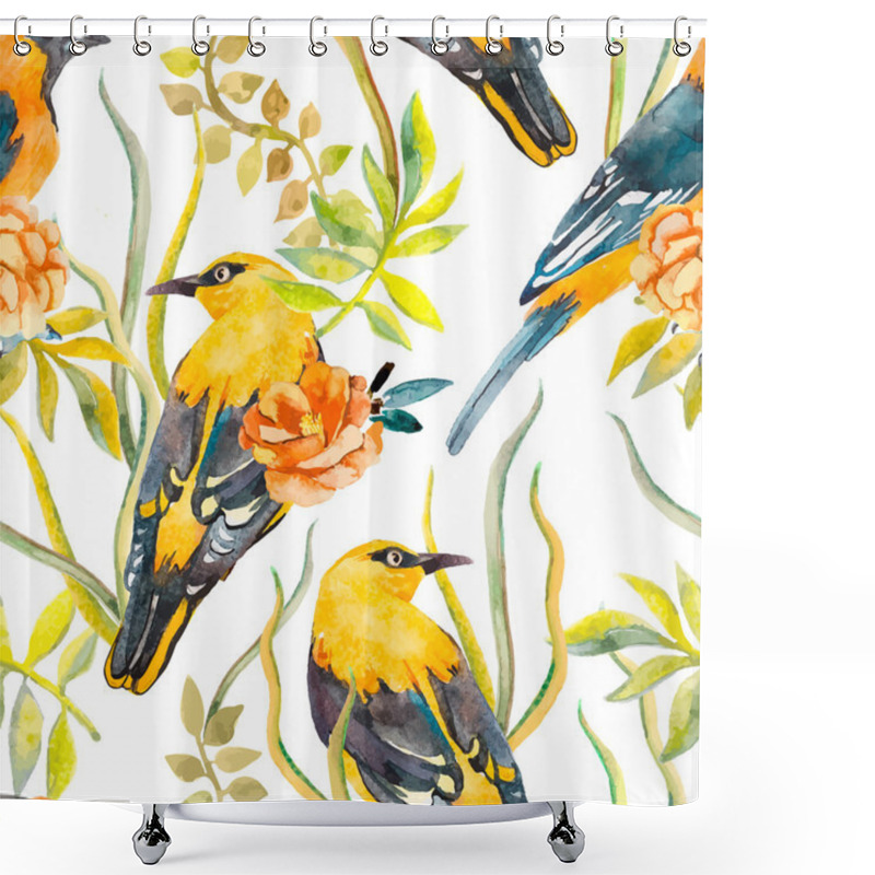 Personality  Seamless Pattern Of Birds And Plants. Bird Pattern And Camellia. Vector. Leaves. Shower Curtains