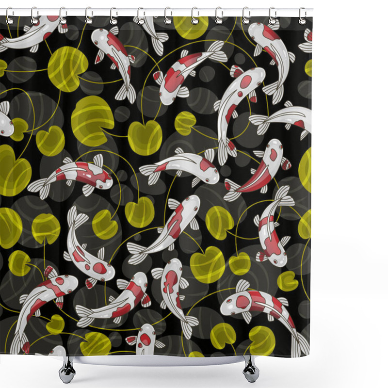 Personality  Koi Carps In A Japanese Pond. Vector Seamless Japanese Fish Pattern On Black Background. Shower Curtains