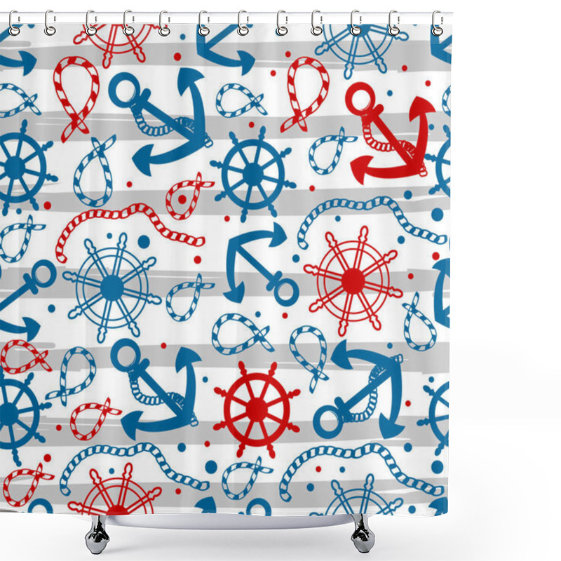 Personality  Seamless Pattern With Red And Blue Anchor, Wheel, Rope On A White Background With Grey Stripes. Shower Curtains