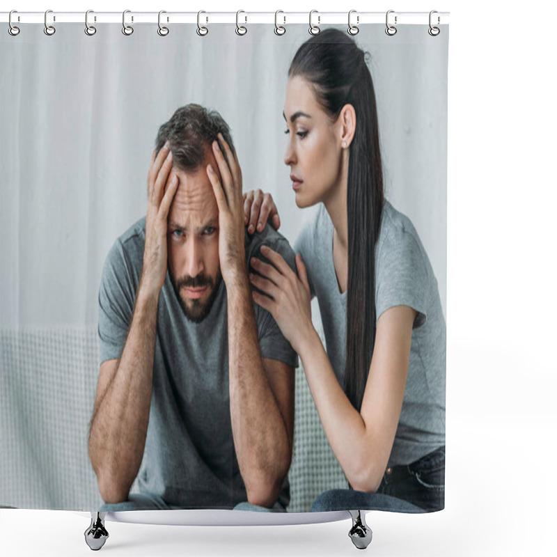 Personality  Young Woman Supporting Depressed Frustrated Boyfriend Sitting On Couch And Looking At Camera Shower Curtains