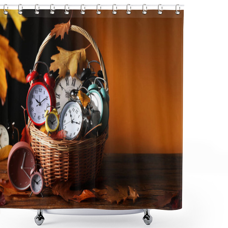 Personality  Alarm Clocks And Dry Leaves In Wicker Basket On Wooden Table Against Brown Background, Space For Text Shower Curtains