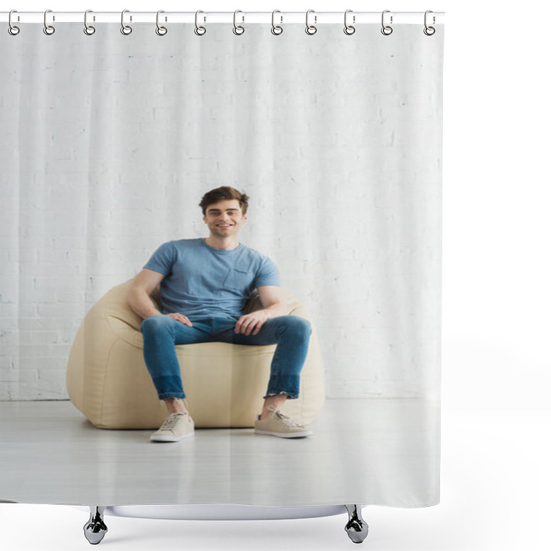 Personality  Happy And Handsome Man Sitting On Beige Bean Bag Chair At Home  Shower Curtains