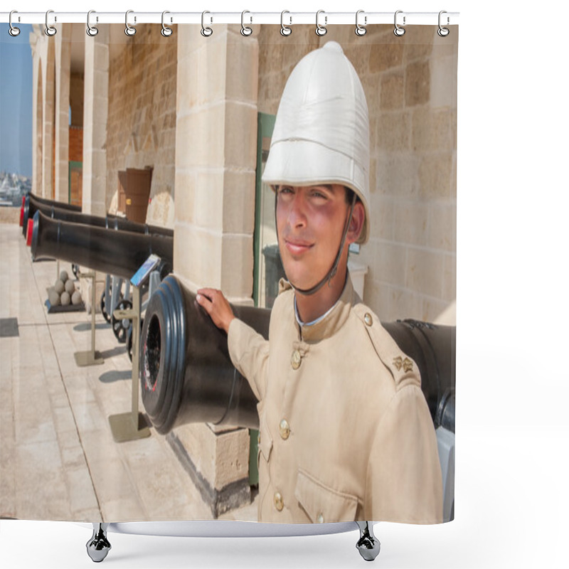 Personality  Boy Dressed As In Old English Military Uniform In Front Of The Cannons In Valletta, Malta Shower Curtains