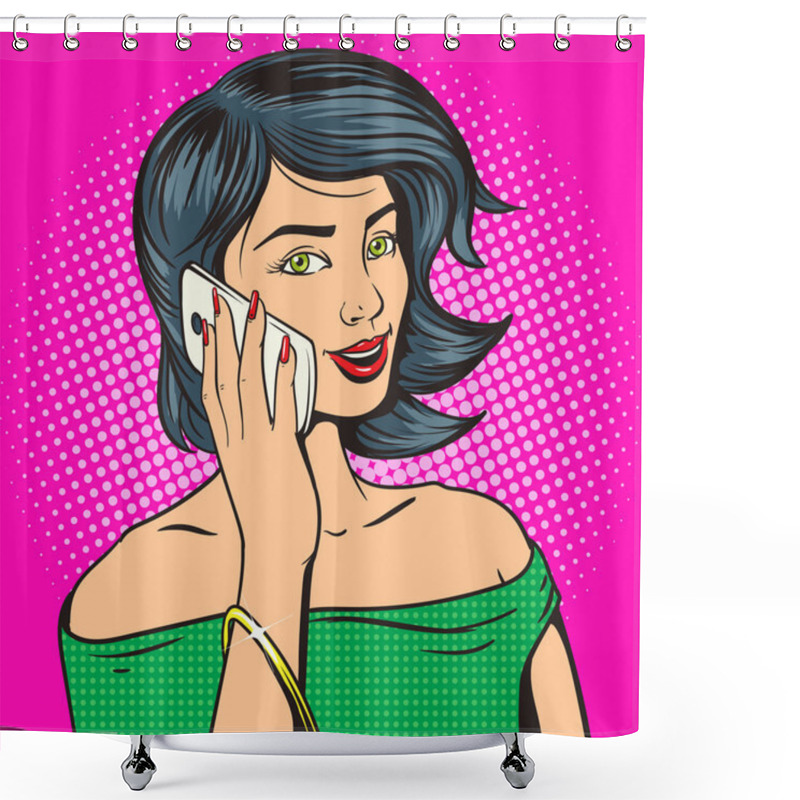 Personality  Beautiful Young Woman With Phone Pop Art Vector Shower Curtains