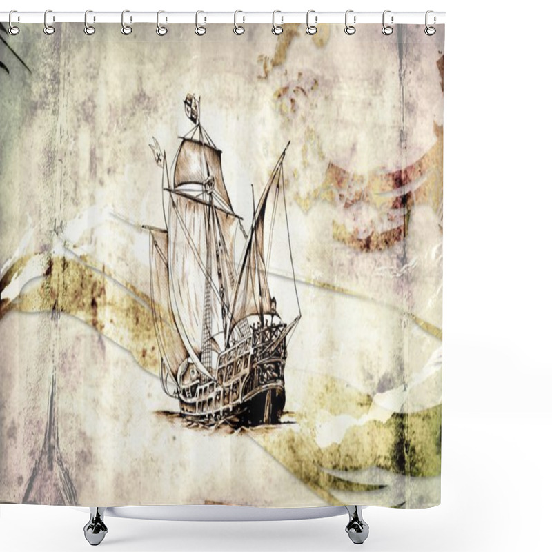 Personality  Antique Boat Sea Motive Drawing Handmade Shower Curtains