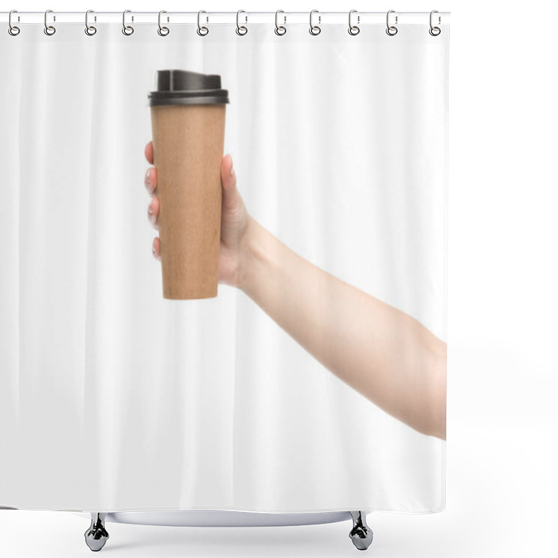 Personality  Cropped View Of Woman Holding Paper Cup Isolated On White Shower Curtains