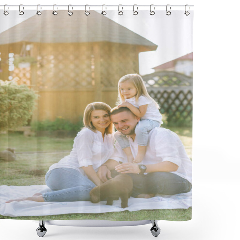 Personality  Parents With Little Daughter And Labrador Puppy Resting Together On Backyard Shower Curtains