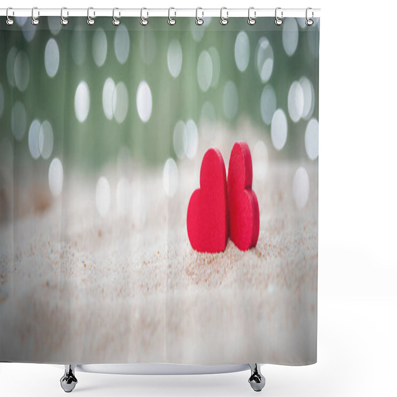 Personality  Two Wooden Red Hearts On Sandy Beach With Light Bokeh, The Concept Of Love And Couple. Valentine's Day Concept Shower Curtains