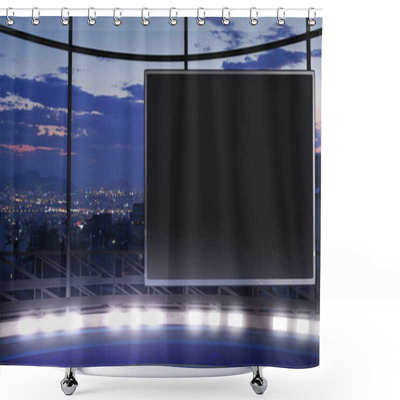 Personality  Industrial TV Show Backdrop With An Empty Screen. Ideal For Virtual Tracking System Sets, With Green Screen. (3D Rendering) Shower Curtains