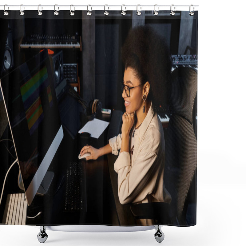 Personality  A Woman Immersed In Editing Music On A Computer In A Recording Studio During A Band Rehearsal. Shower Curtains