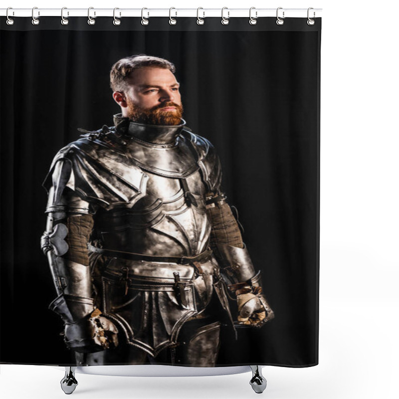 Personality  Handsome Knight In Armor Looking Away Isolated On Black Shower Curtains