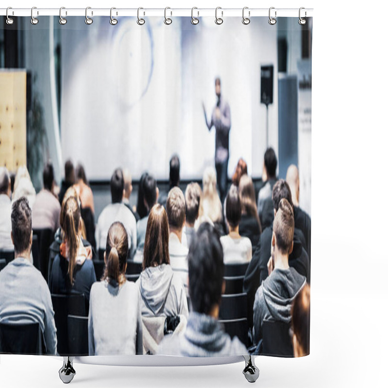 Personality  Speaker Giving A Talk In Conference Hall At Business Event. Rear View Of Unrecognizable People In Audience At The Conference Hall. Business And Entrepreneurship Concept. Shower Curtains