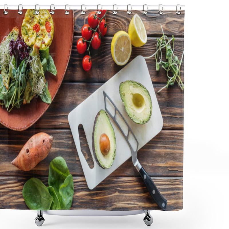 Personality  Flat Lay With Vegetarian Salad, Cut Avocado On Cutting Board, Knife And Fresh Vegetables Around On Wooden Tabletop Shower Curtains