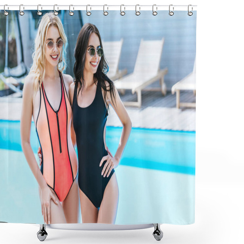 Personality  Beautiful Happy Young Women In Swimsuits And Sunglasses Smiling And Looking Away At Poolside  Shower Curtains