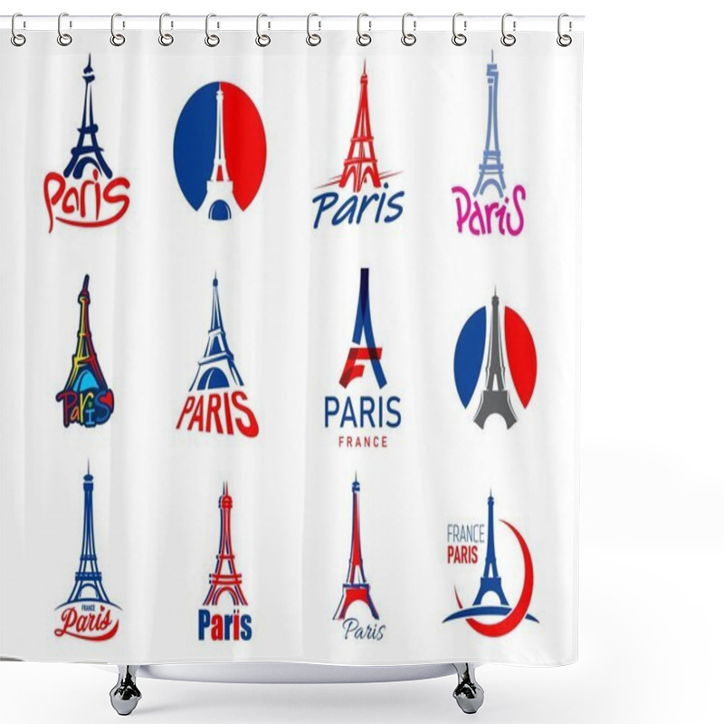 Personality  Paris Eiffel Tower Icons With France Flag And Travel Landmarks, Vector Badges. France And Paris Creative Art Symbols Of Eiffel Tower With Heart In Line Silhouette For French Fashion Or T-shirt Print Shower Curtains