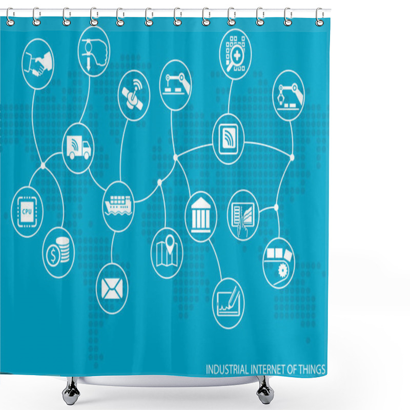 Personality  Industrial Internet Of Things (IOT) Concept. World Map Of Connected Value Chain Of Goods Including Business Process Automation Shower Curtains