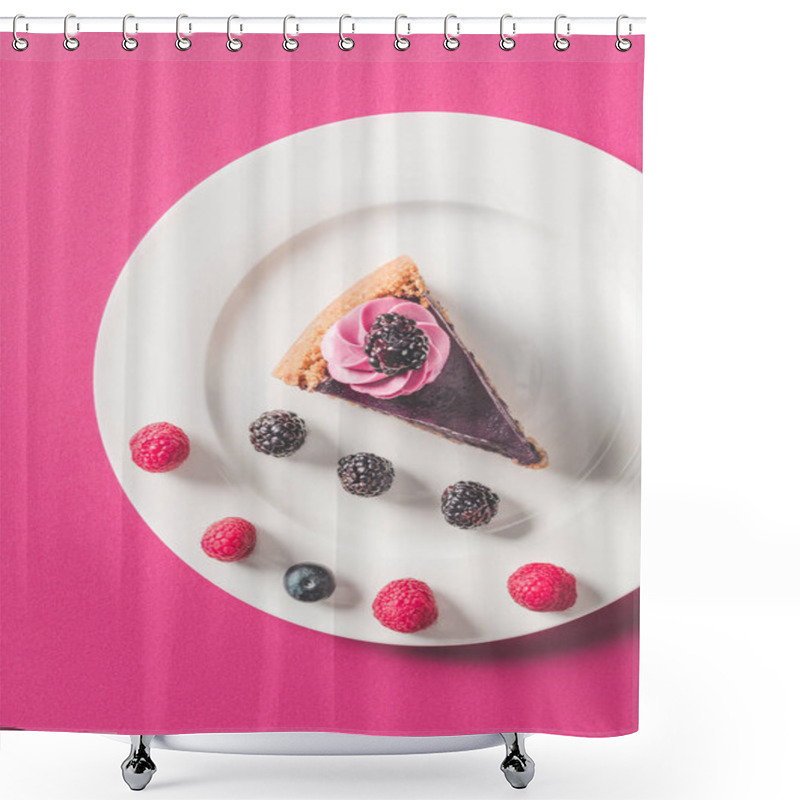 Personality  Top View Of Appetizing Piece Of Cake With Berries On Plate On Pink Surface Shower Curtains