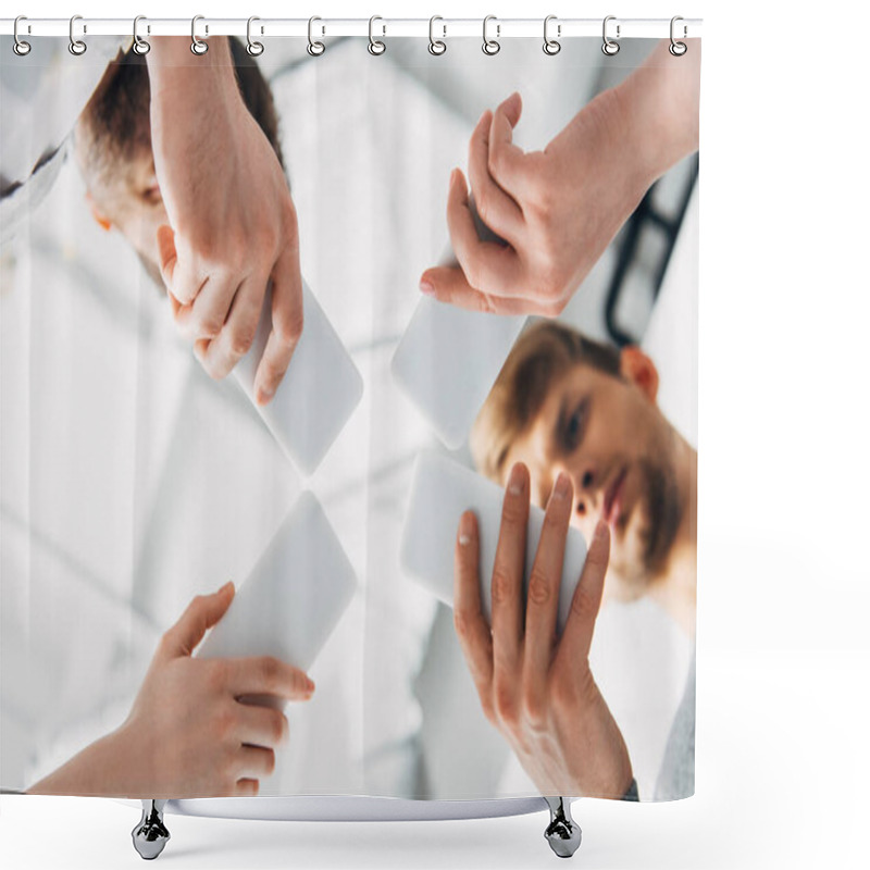 Personality  Bottom View Of Young People Using Smartphones Shower Curtains