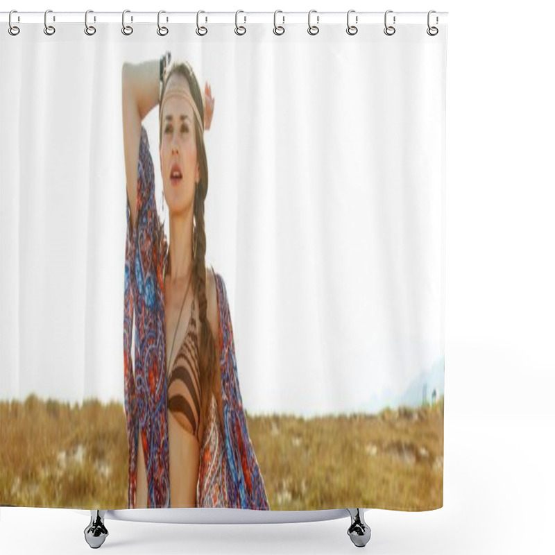 Personality  Bohemian Vibe Vacation. Portrait Of Modern Free Spirit Girl In Jeans Shorts And Cape Outdoors In The Summer Evening Looking Into The Distance Near A Fence Shower Curtains