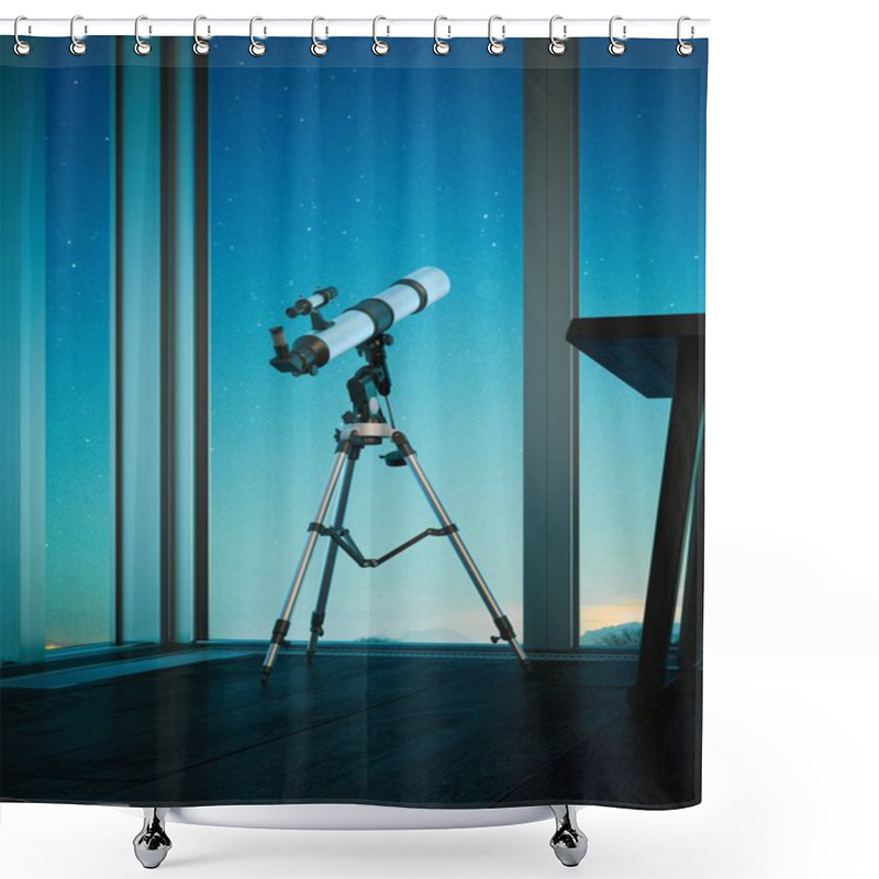 Personality  Telescope Aimed At The Night Sky. 3d Rendering Shower Curtains