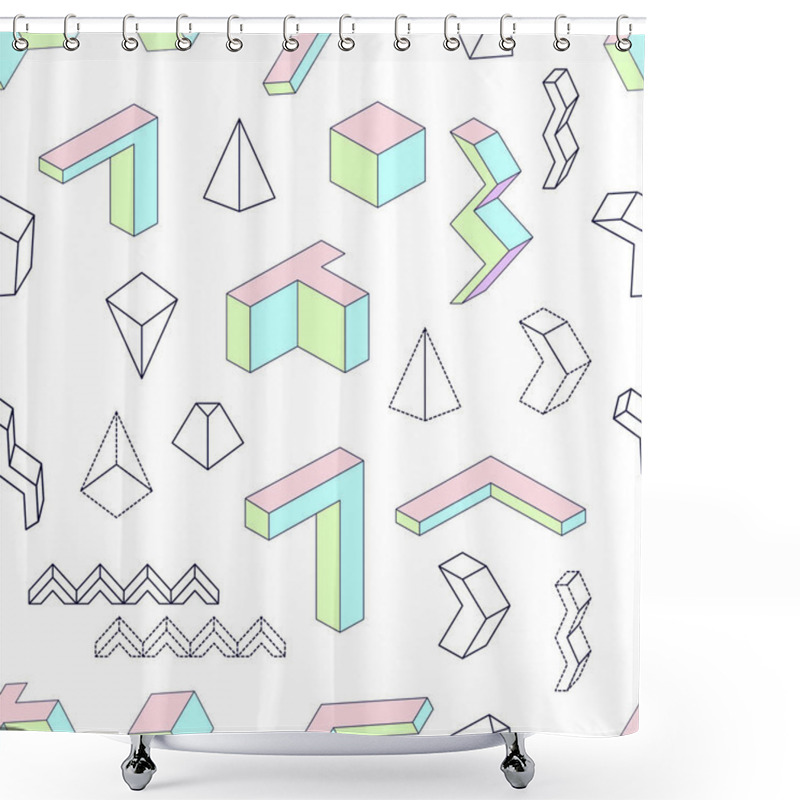 Personality  Geometric Shapes. Abstract Seamless Vector Pattern With Isometric Elements. Shower Curtains