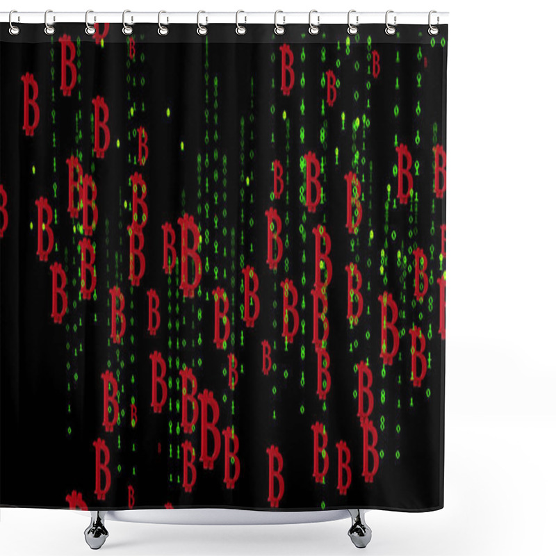 Personality  Image Of Bitcoin Symbols Over Black Background With Green Letters. Economy, Finance, Digital Currency And Technology Concept Digitally Generated Image. Shower Curtains