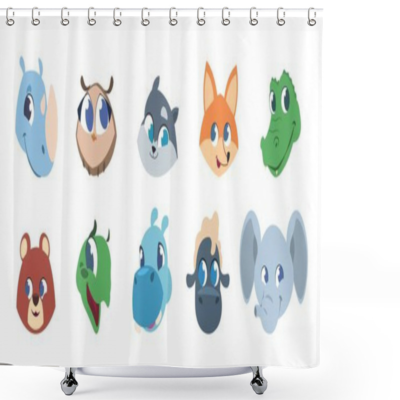 Personality  Cute Animal Faces. Baby Pets And Wild Forest Animals Smiling Heads, Animal Children Characters Avatars. Vector Isolated Icon Set Shower Curtains