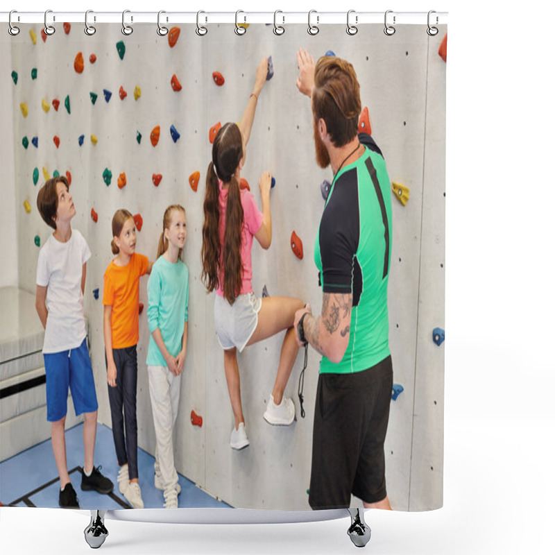 Personality  A Diverse Group Of Young Children Stand Side By Side On A Colorful Climbing Wall, While Their Teacher Guides Them Through The Challenge. Shower Curtains