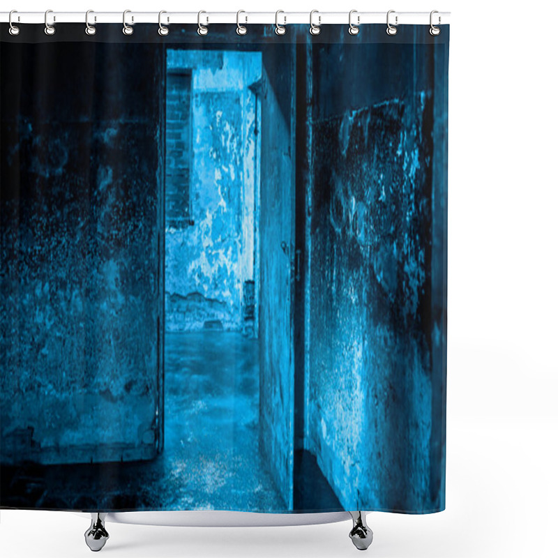 Personality  Burnt Hallway With Open Door In An Abandoned Dark Room. Dark Gloomy Ruined Room Shower Curtains