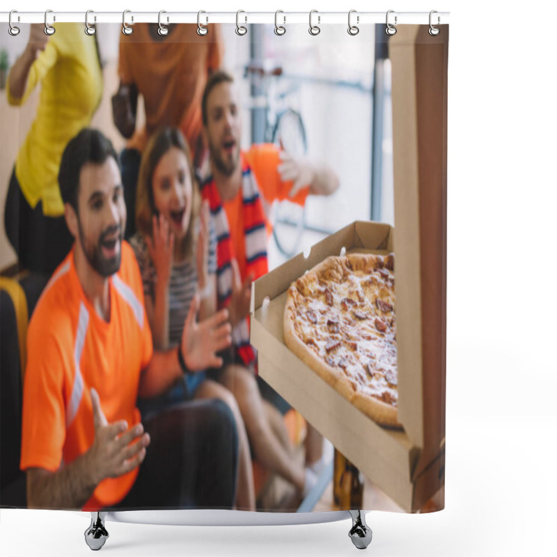 Personality  Close Up Shot Of Pizza In Box And Excited Group Of Friend Sitting On Sofa At Home Shower Curtains