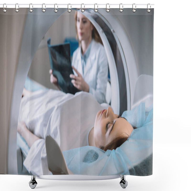 Personality  Selective Focus Of Radiologist Holding X-ray Diagnosis While Patient Lying On Ct Scanner Bed During Diagnostics Shower Curtains