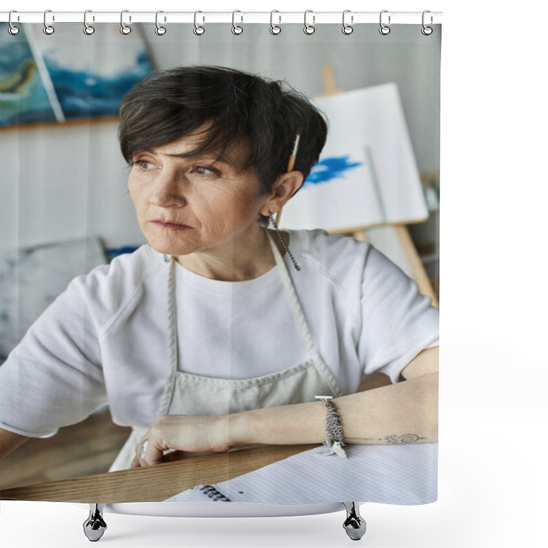 Personality  A Dedicated Artist Deeply Focused On Her Latest Project In An Inspiring Studio. Shower Curtains