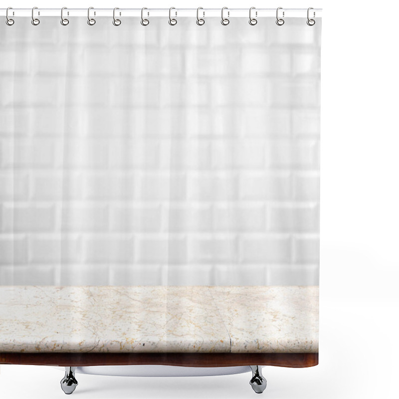 Personality  Empty Marble Table And Ceramic Tile Brick Wall In Background. Pr Shower Curtains