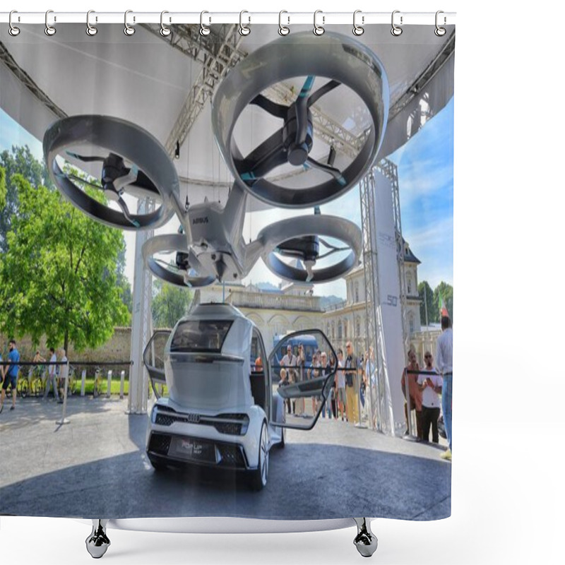 Personality  Pop Up Next Fully Electric Modular System Developed By Audi Airbus And Italdesign Combination Of Ground And Air Vehicle On Display At Auto Show. Turin Italy June 9 2018 Shower Curtains