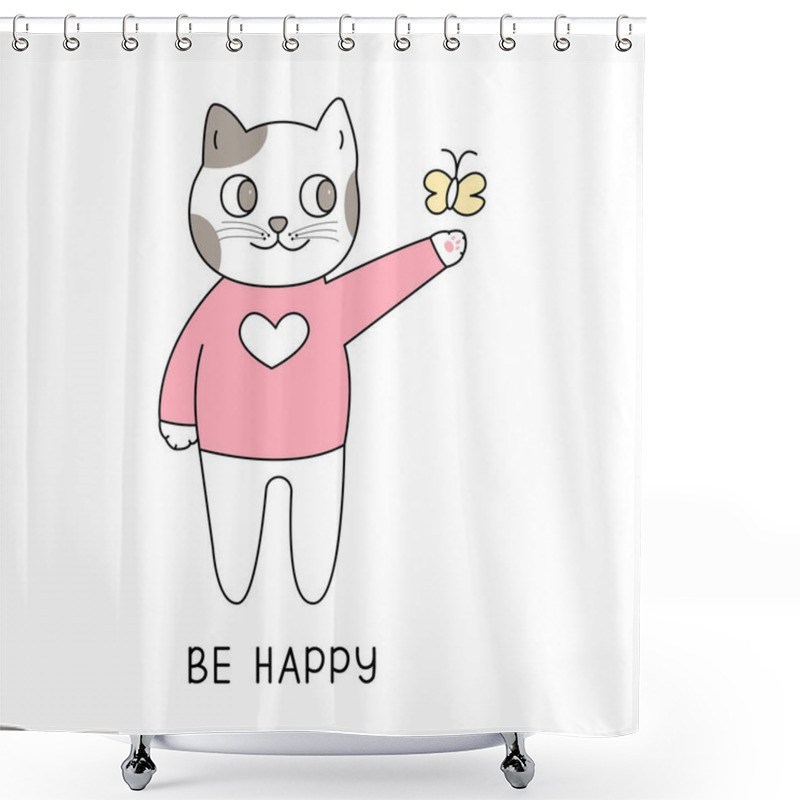 Personality  Cute Cat And Butterfly Hand Drawn Style, Cute Cartoon Funny Animal Character. Shower Curtains