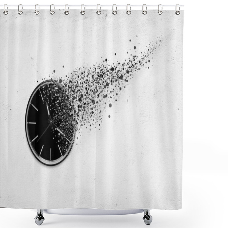 Personality  Classic Clock On White Concrete Background Disintegrate In A Small Parts And Flying Away. Time Flying Concept Shower Curtains