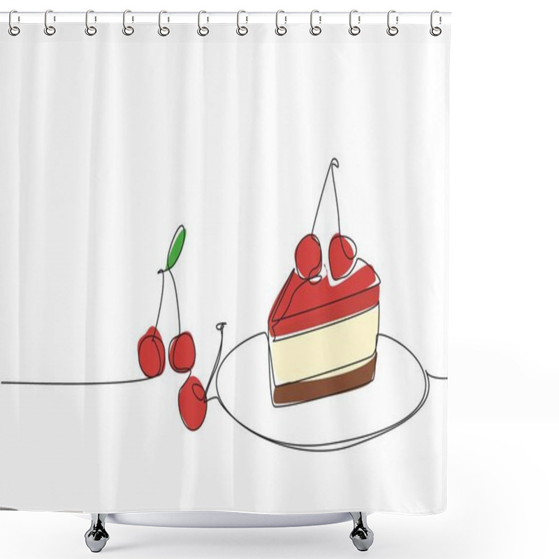 Personality  Single One Line Drawing Cherry Cheesecake Slices With Cherry Topping On Small Plate. A Piece Of Extraordinary Deliciousness. National Cherry Cheesecake Day. Continuous Line Design Graphic Illustration Shower Curtains