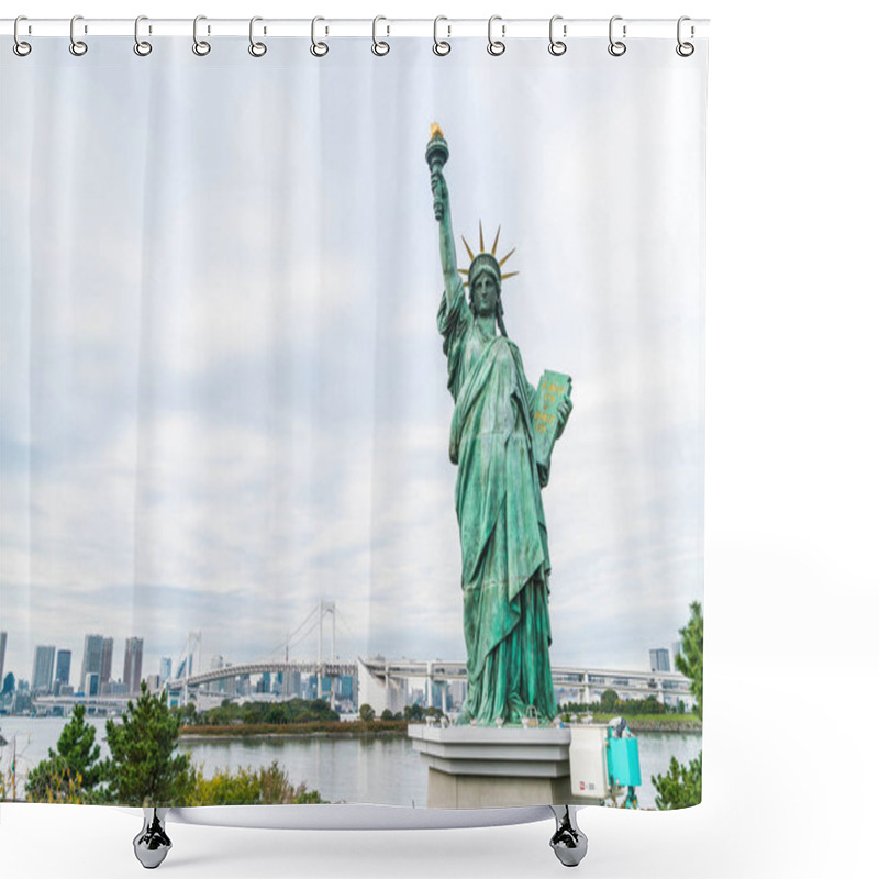 Personality  Lady Liberty Juxtaposed Against Rainbow Bridge In Tokyo. Shower Curtains