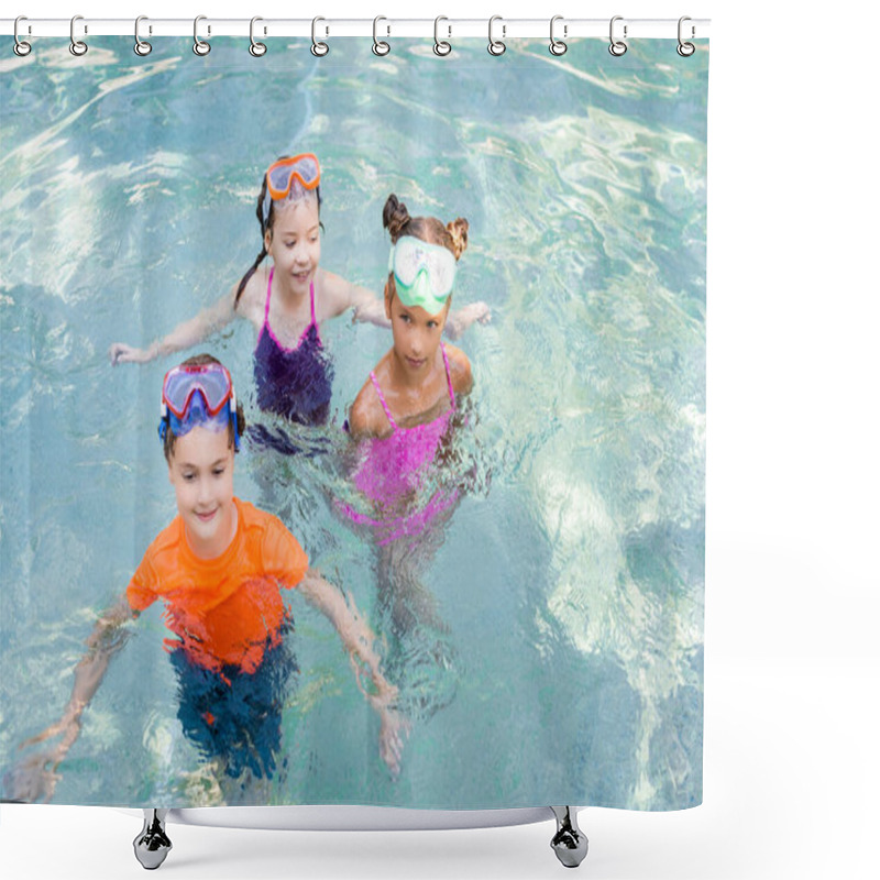 Personality  High Angle View Of Boy And Girls In Swimwear Spending Time In Pool Shower Curtains