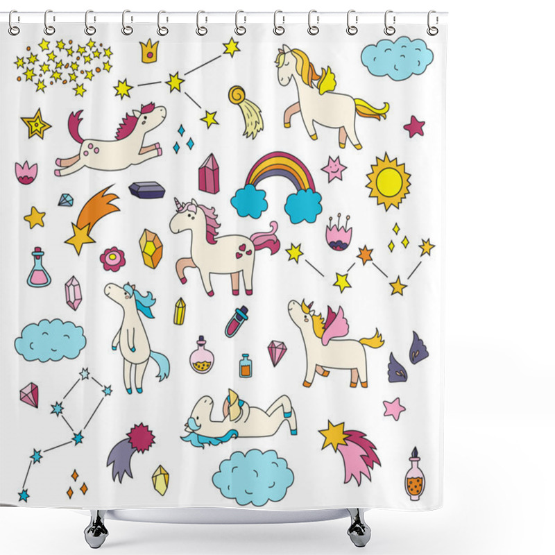 Personality  Cute Unicorn And Pony Collection With Magic Items Shower Curtains